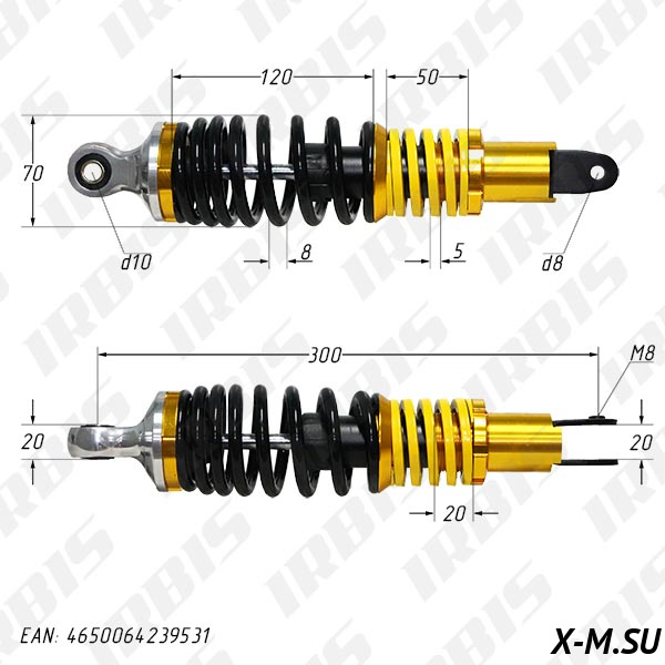 Амортизатор задний (L-300mm,D-10mm,M8) (2 пружины)