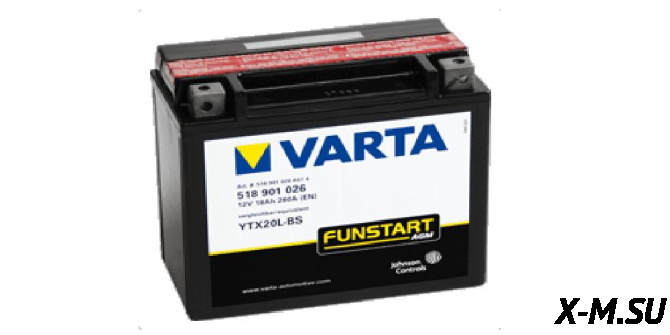 Аккумулятор Varta FUNSTART AGM мото 18 Ач 518901026 LU059989 (устанавливается лежа)
